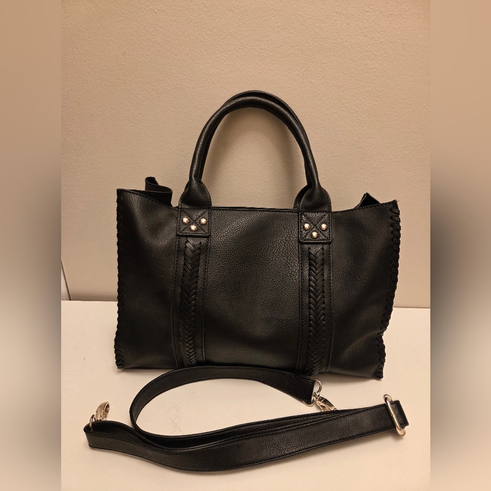 Chic Black Tote Bag with Braided Detail